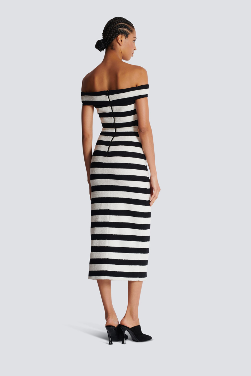 Alizey Off-Shoulder Slit Striped Buttoned Skirt Set
