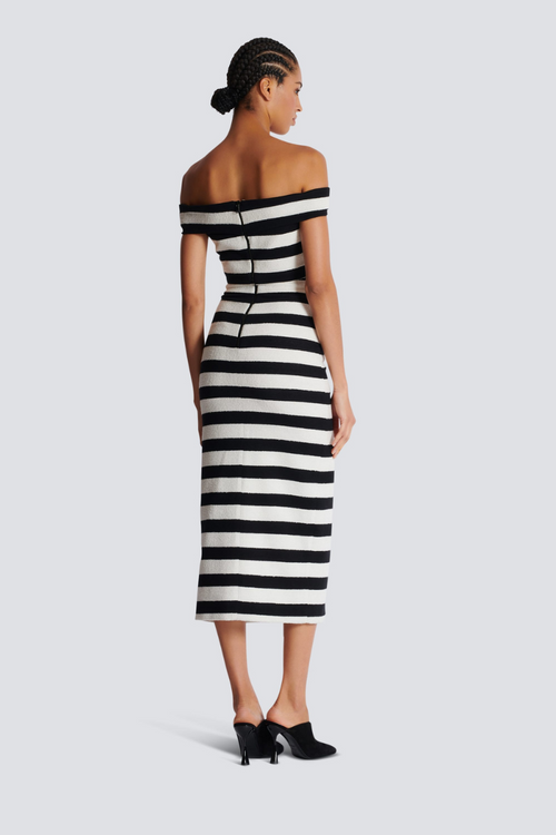 Alizey Off-Shoulder Slit Striped Buttoned Skirt Set