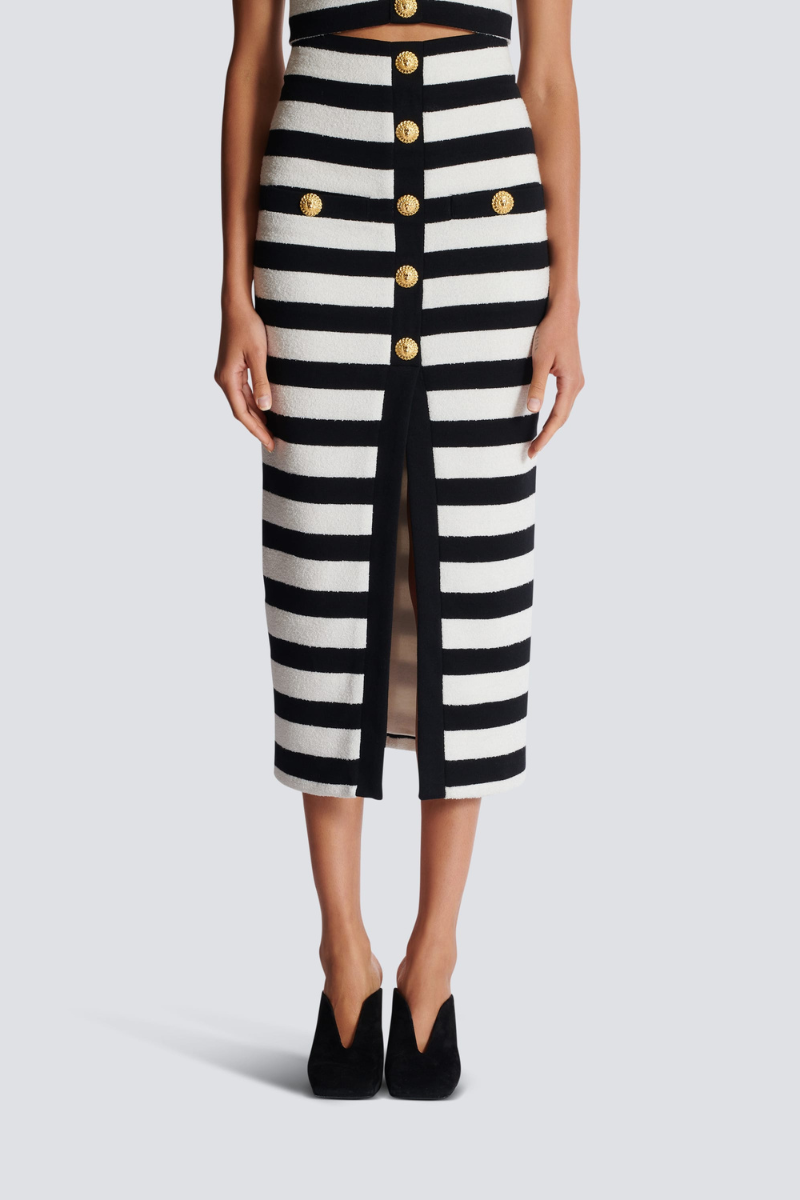 Alizey Off-Shoulder Slit Striped Buttoned Skirt Set