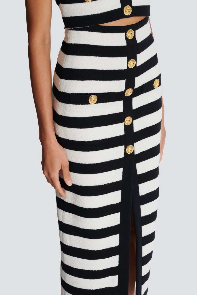 Alizey Off-Shoulder Slit Striped Buttoned Skirt Set