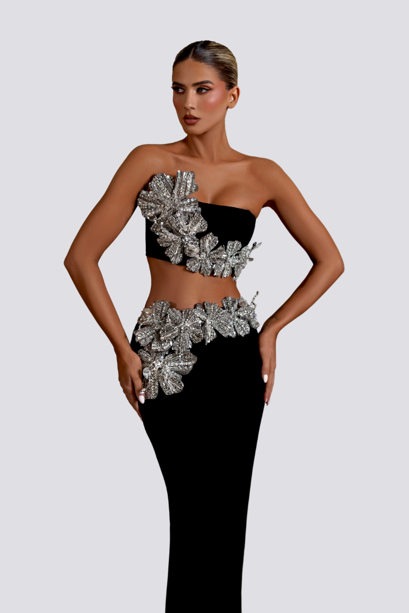 Allese Strapless Flower Crystal-Detail Skirt Set
