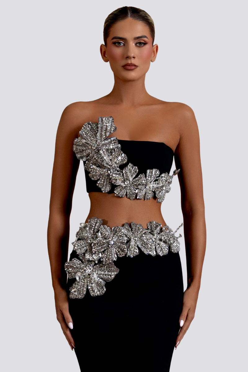 Allese Strapless Flower Crystal-Detail Skirt Set
