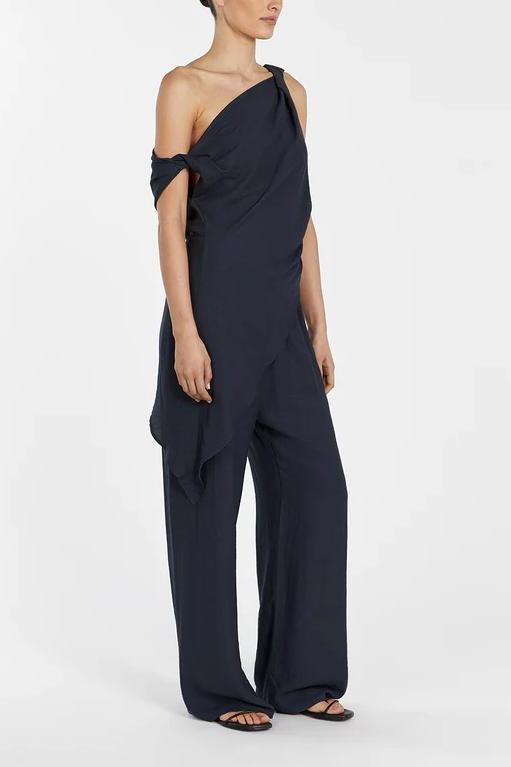 Asymmetrical Twist Detailing Top Linen Blend Trousers Set