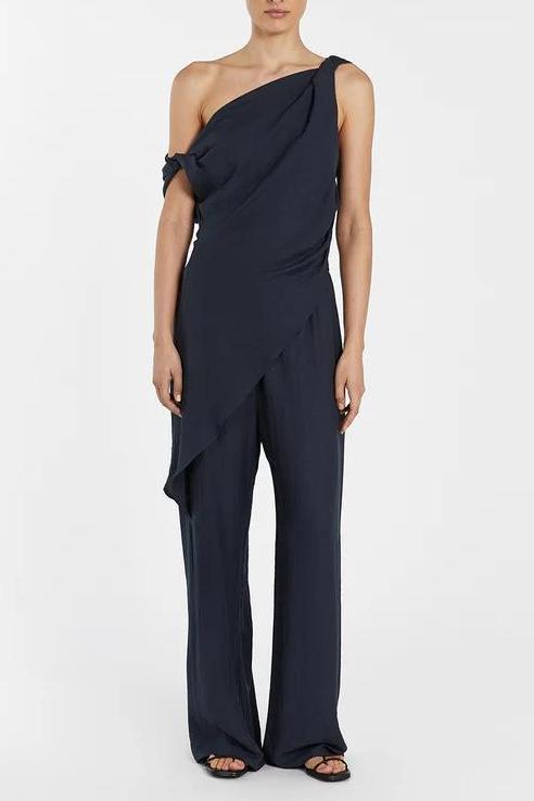 Asymmetrical Twist Detailing Top Linen Blend Trousers Set