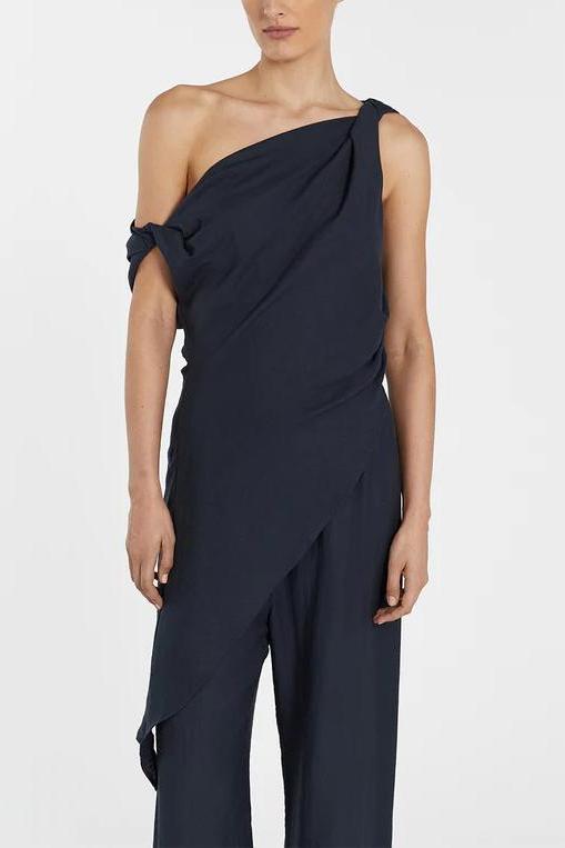 Asymmetrical Twist Detailing Top Linen Blend Trousers Set
