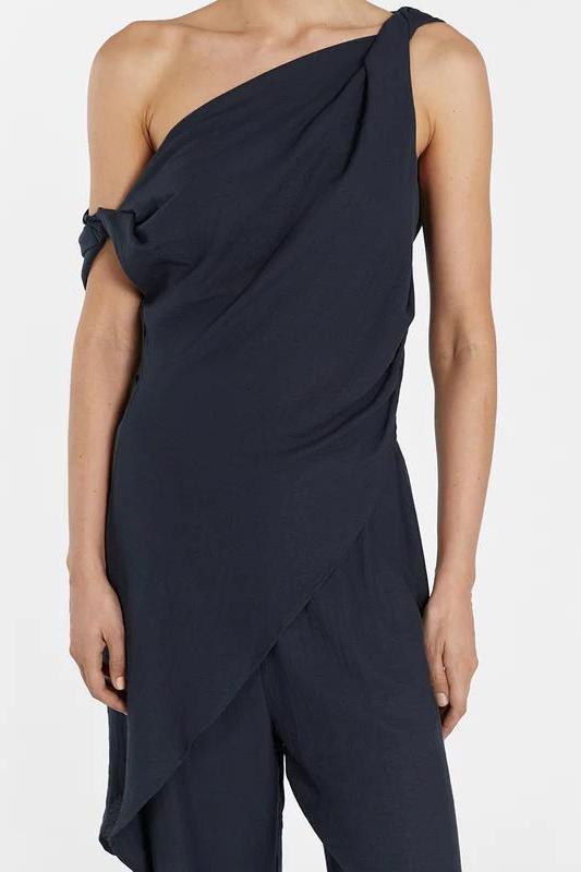 Asymmetrical Twist Detailing Top Linen Blend Trousers Set