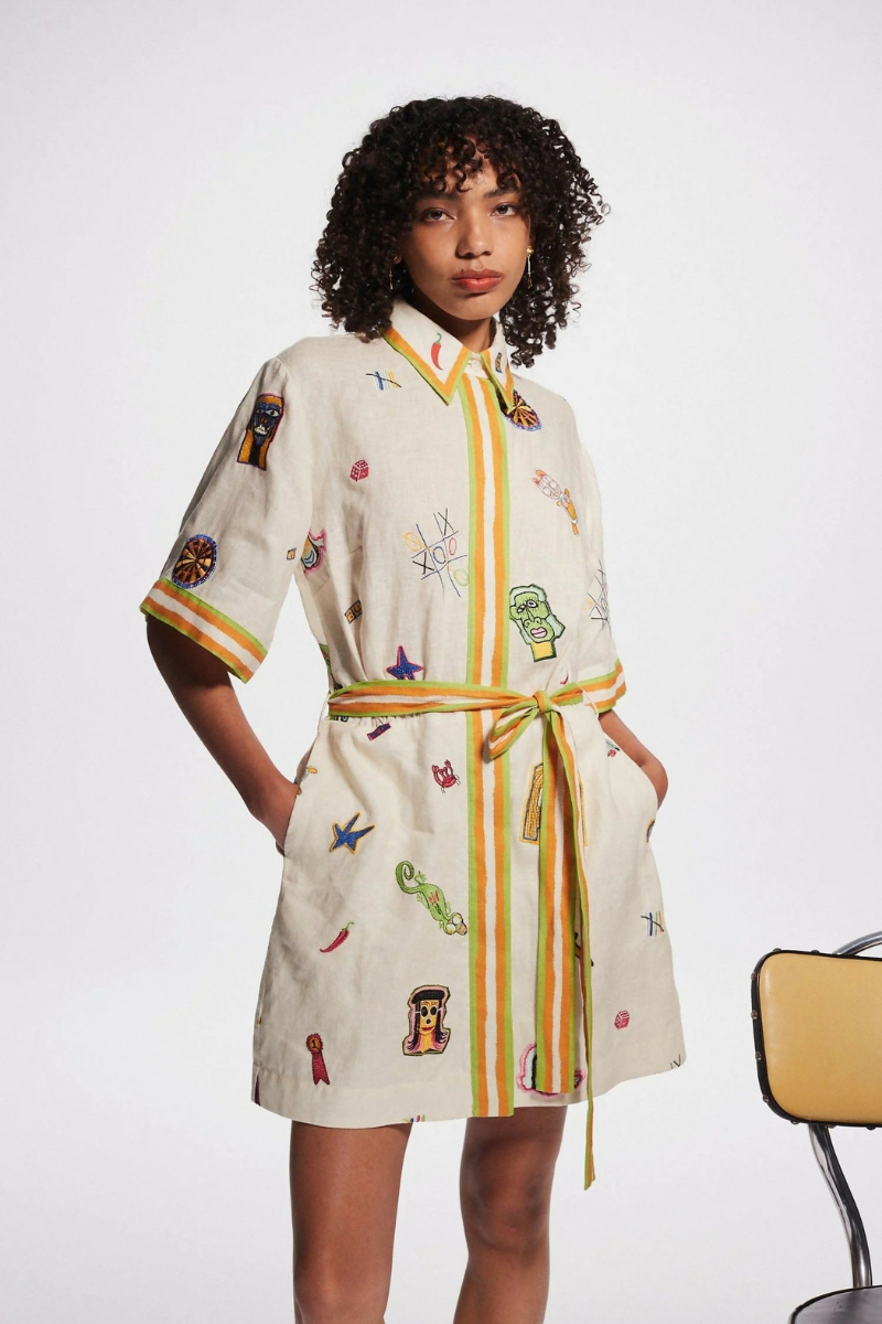 Aurelie Short Sleeve Embroidered Mini-Length Dress