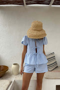 Modern Tie Front Cotton Peplum Blouse Shorts