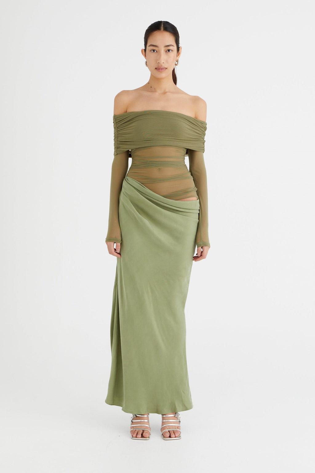 Lillian Off-Shoulder Sheer Maxi Mesh Dress