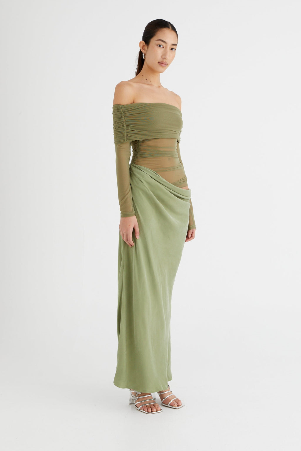 Lillian Off-Shoulder Sheer Maxi Mesh Dress
