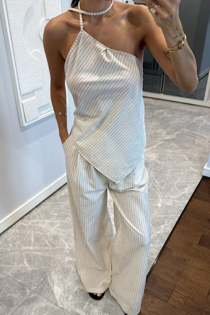 Coordinated One-Shoulder Striped Two-Piece Set