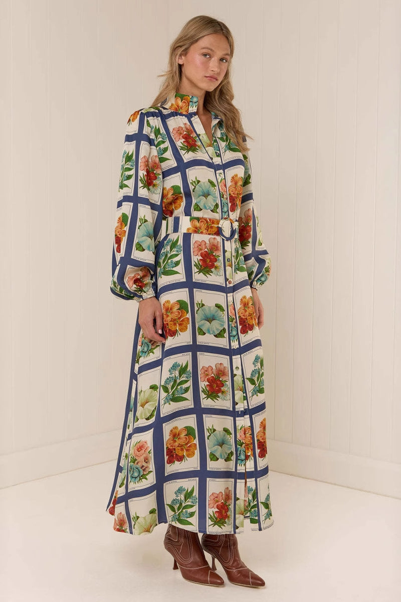 Refined Stand Collar Maxi-Length Dress