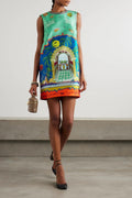 Modern Botanical Print Satin Dress