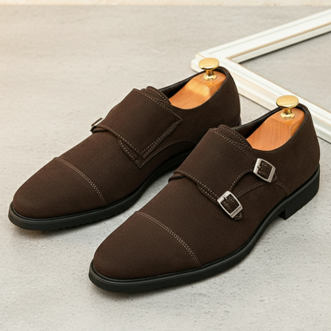 Suede Monk Strap Shoes with Double Buckle Strap