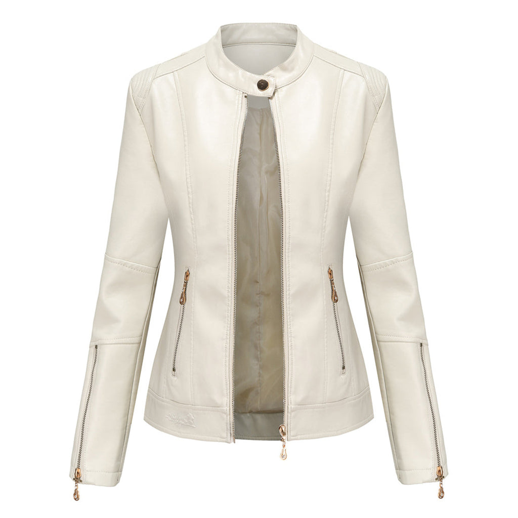 Elegant Leather Jacket with Crew Neck and Button Closure