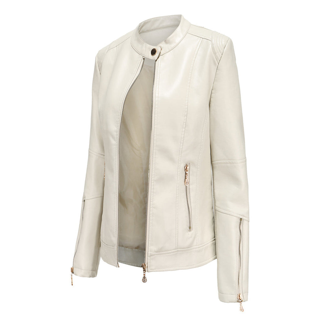 Elegant Leather Jacket with Crew Neck and Button Closure