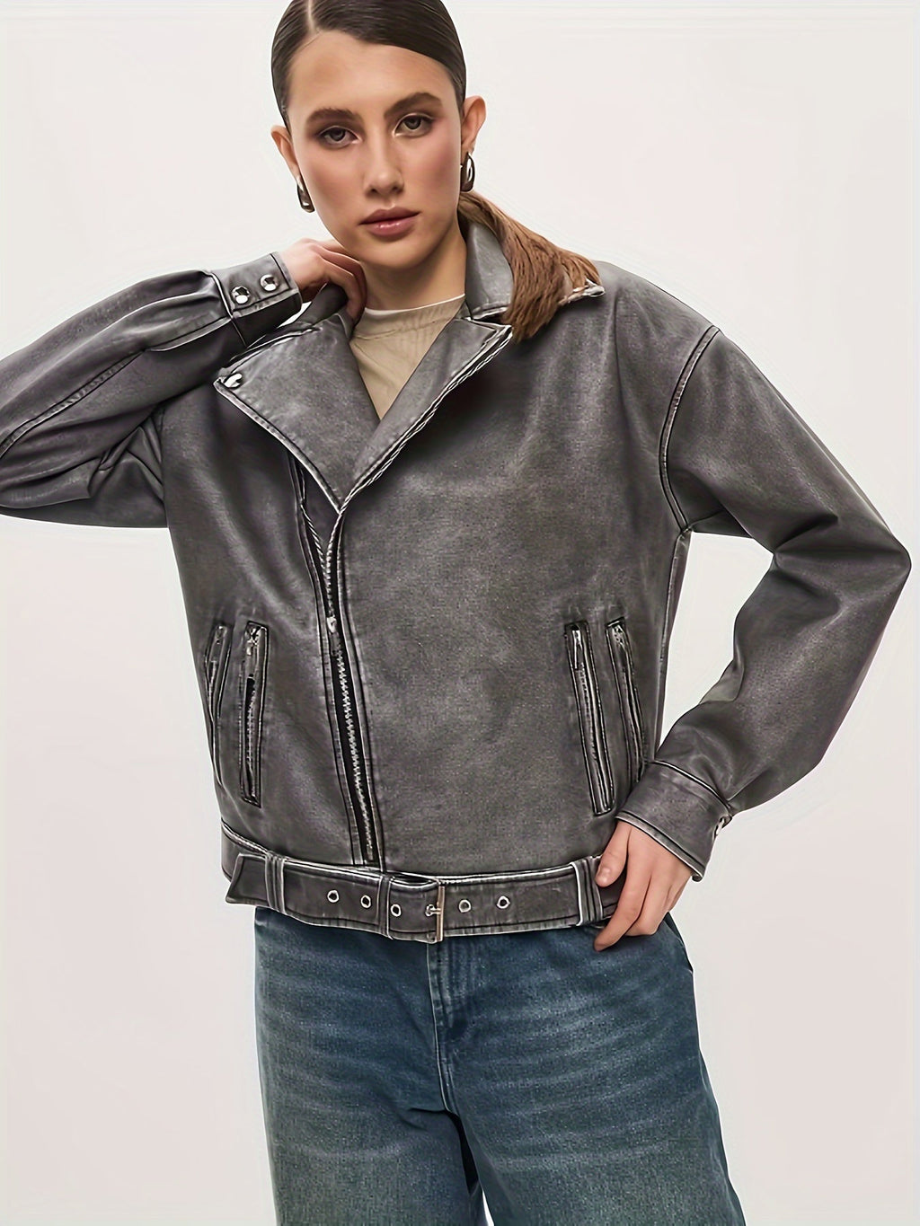 Oversized Leather Jacket with Belt
