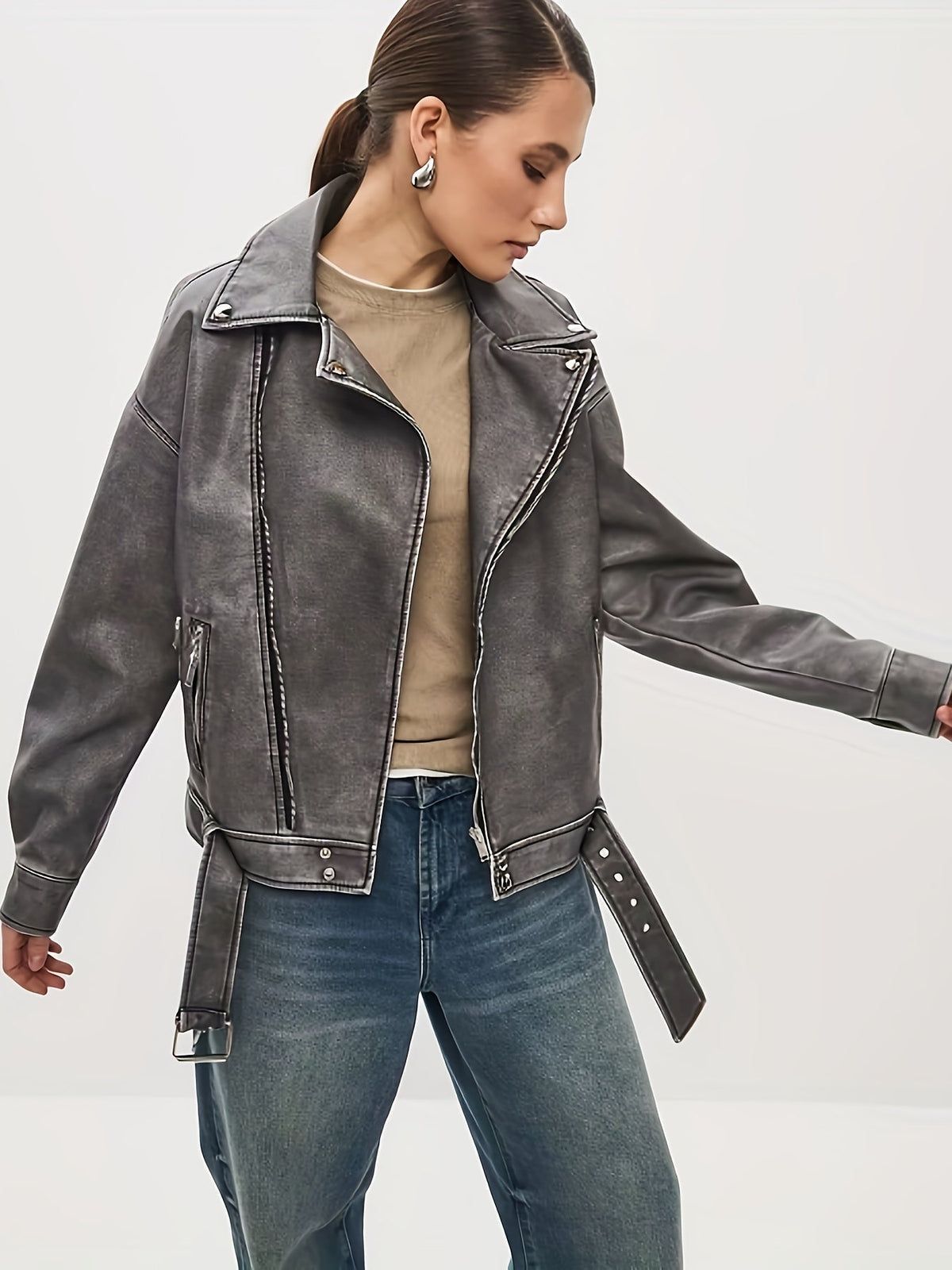 Oversized Leather Jacket with Belt