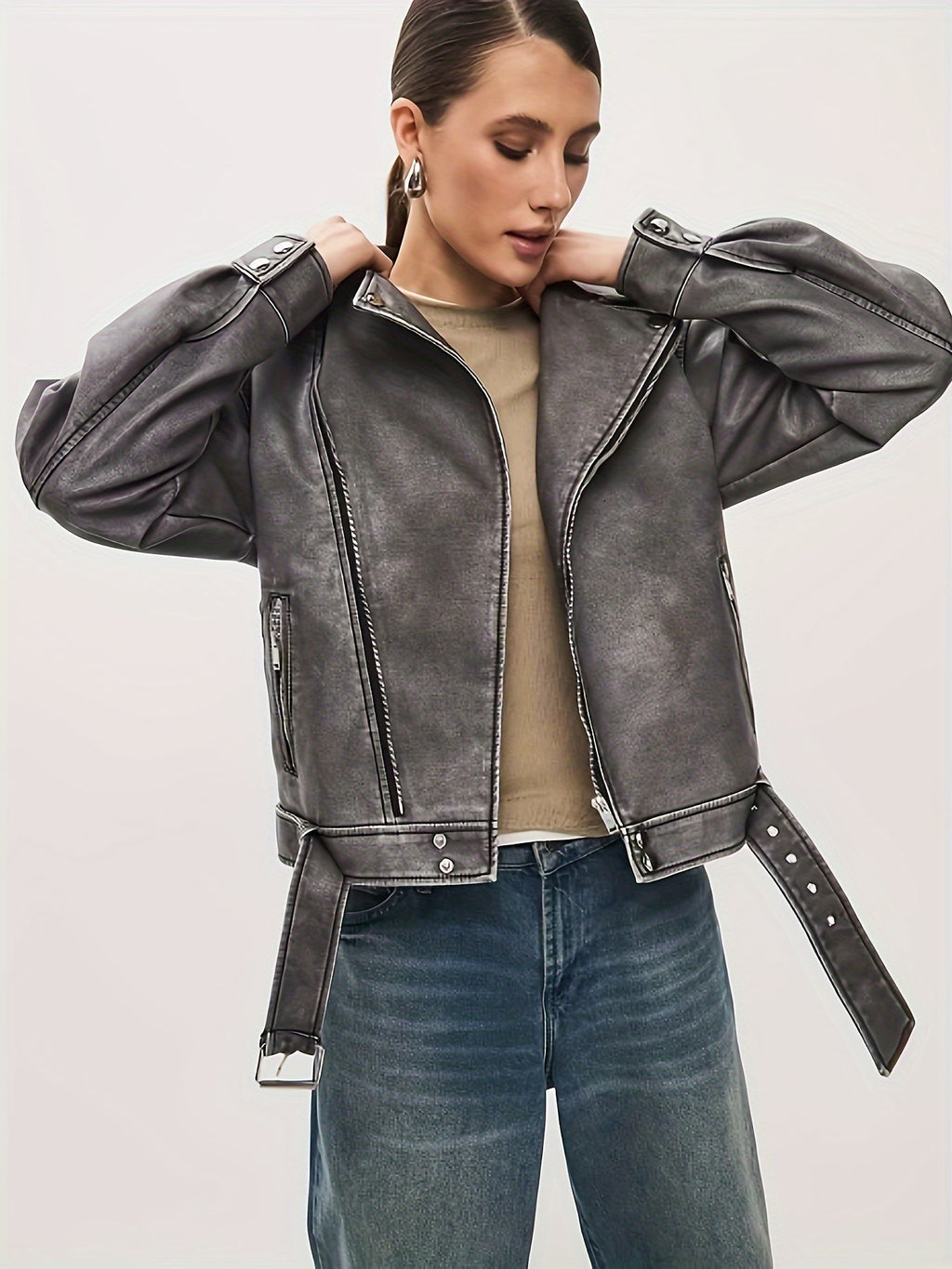 Oversized Leather Jacket with Belt