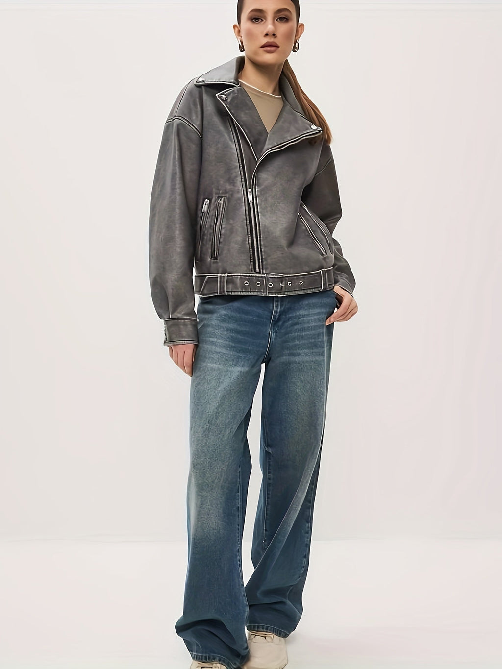 Oversized Leather Jacket with Belt