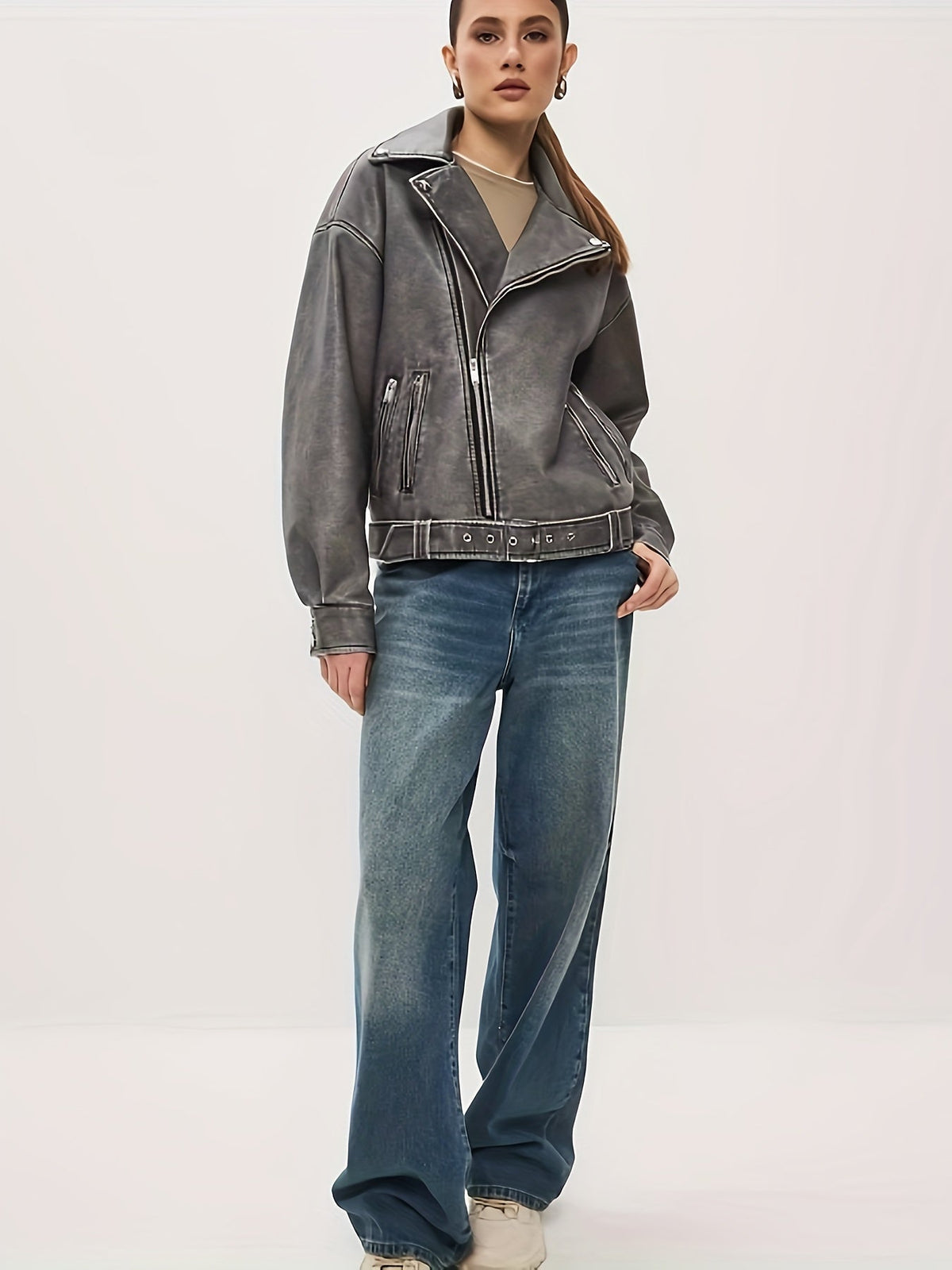 Oversized Leather Jacket with Belt