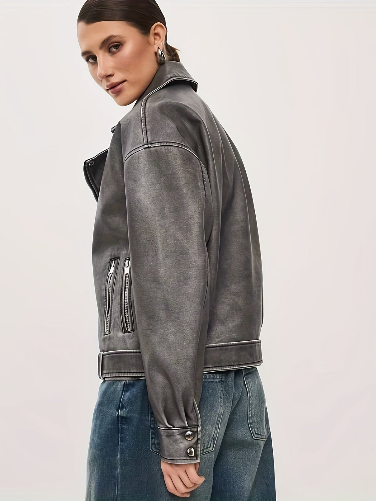 Oversized Leather Jacket with Belt