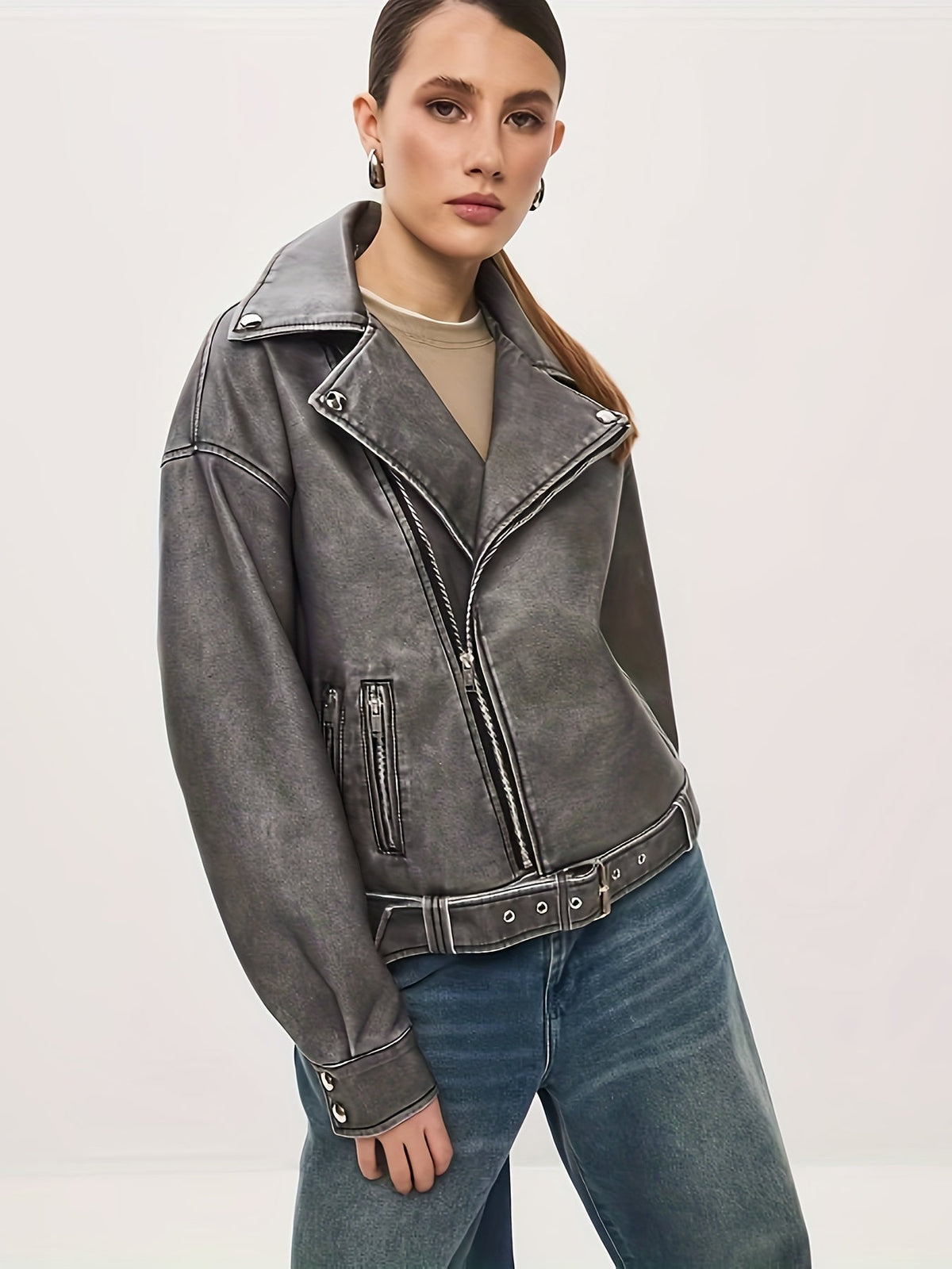 Oversized Leather Jacket with Belt