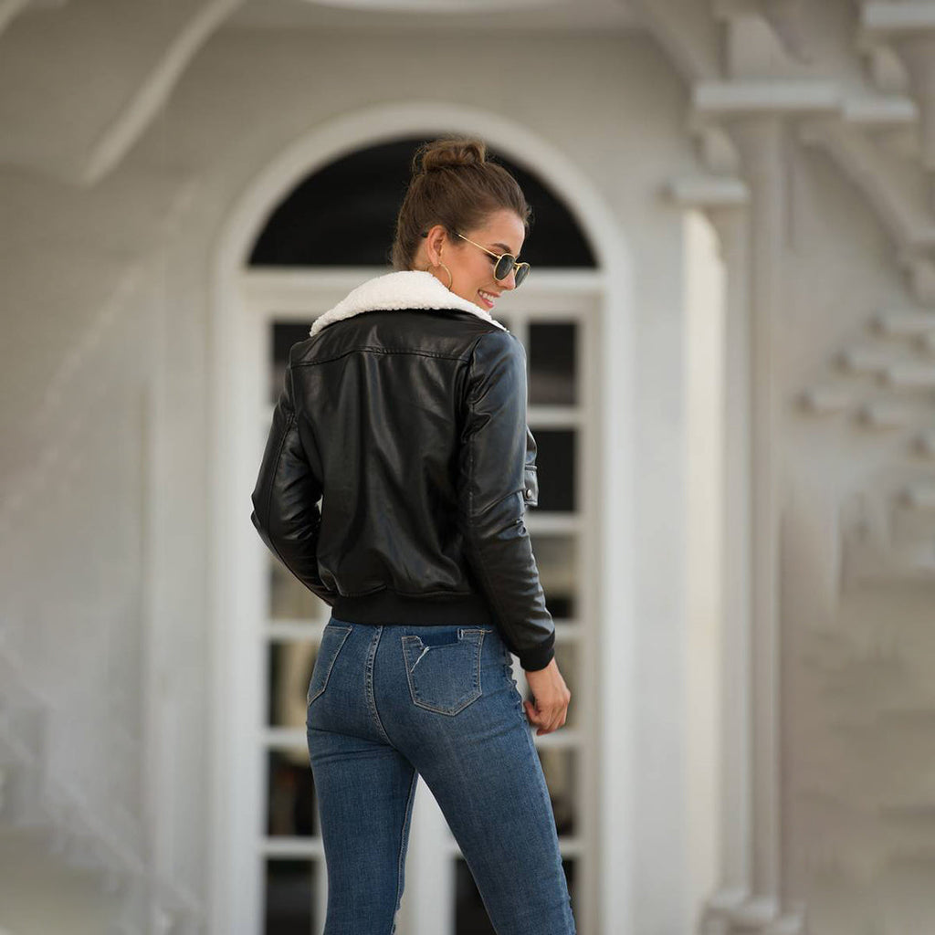 Winter Leather Jacket with Faux Fur Collar