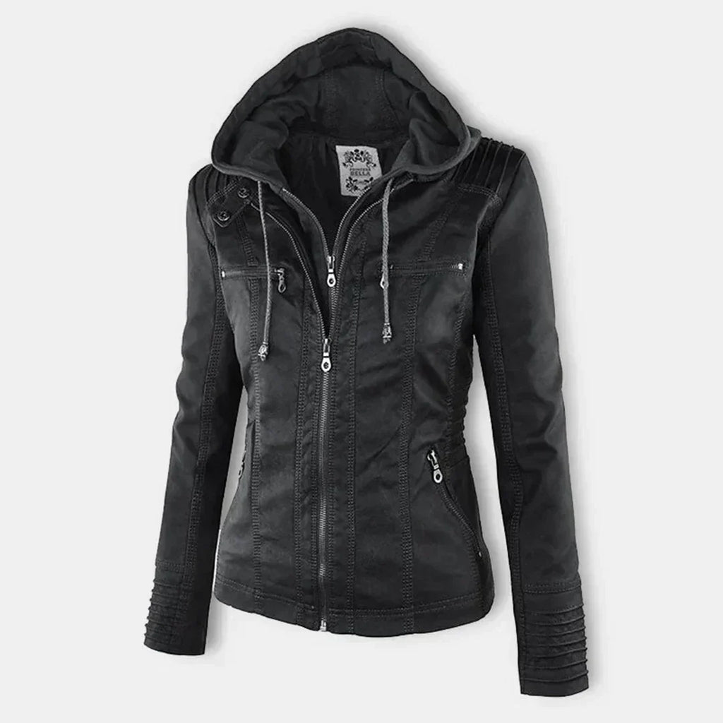 Elegant Leather Biker Jacket with Hood