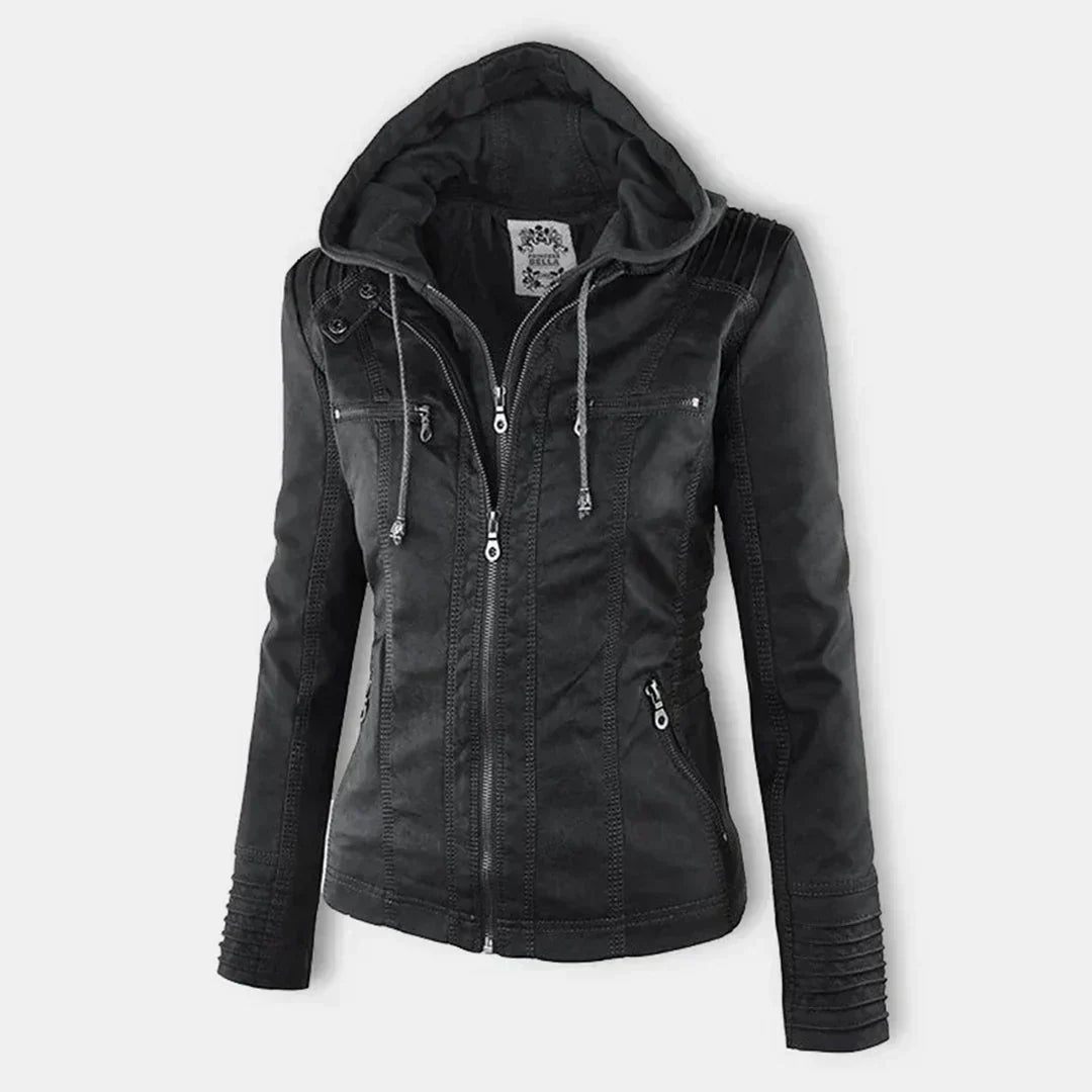 Elegant Leather Biker Jacket with Hood