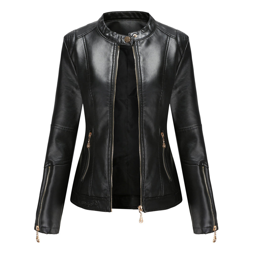 Elegant Leather Jacket with Crew Neck and Button Closure
