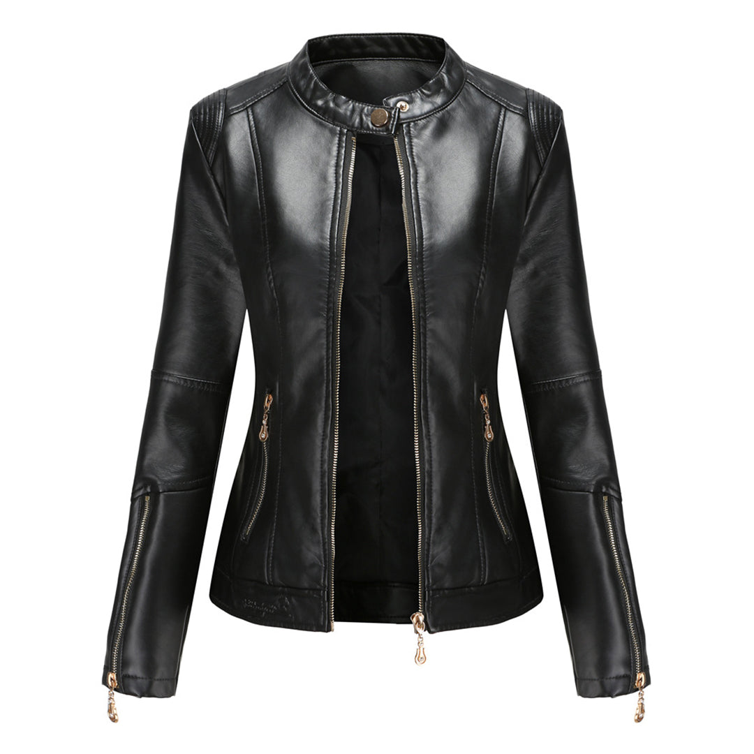 Elegant Leather Jacket with Crew Neck and Button Closure