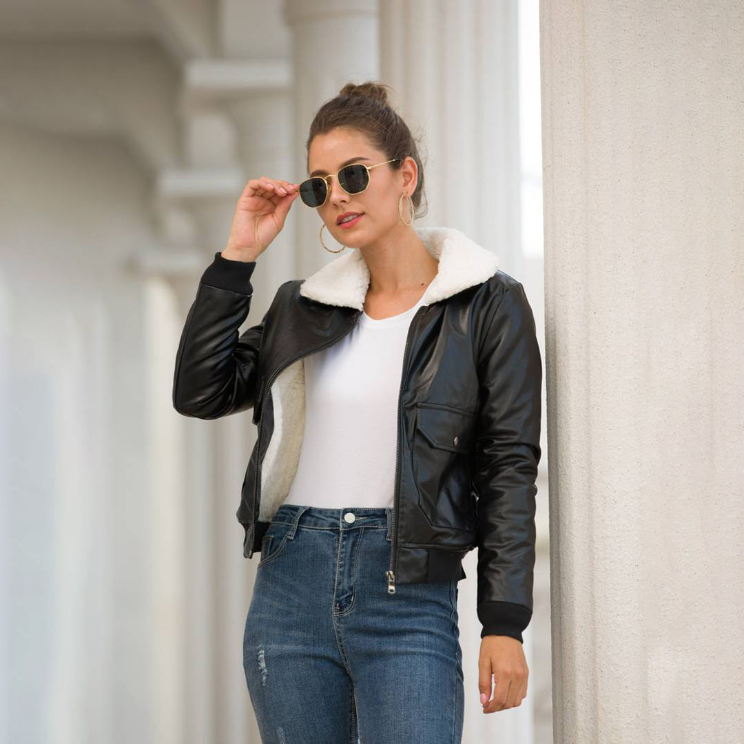 Winter Leather Jacket with Faux Fur Collar