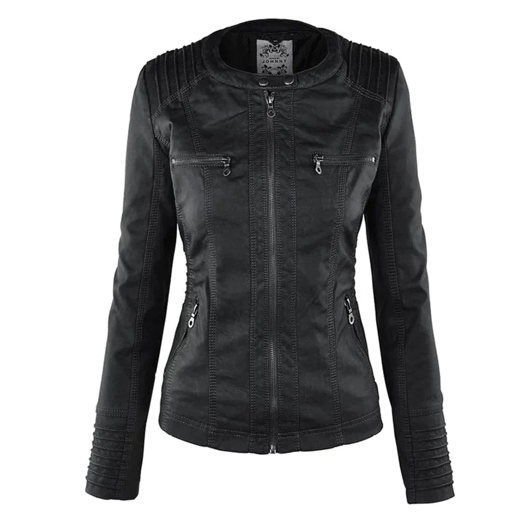 Elegant Leather Biker Jacket with Hood