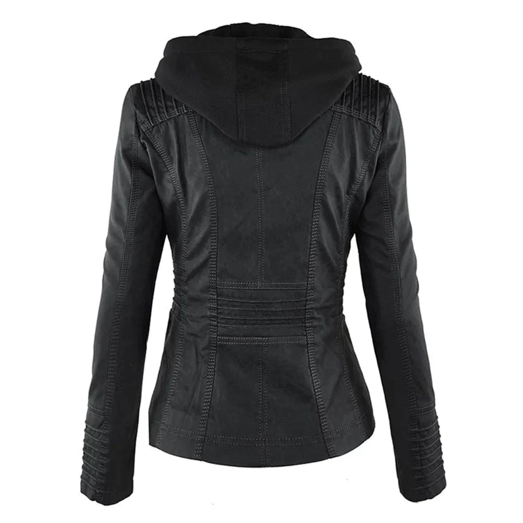 Elegant Leather Biker Jacket with Hood