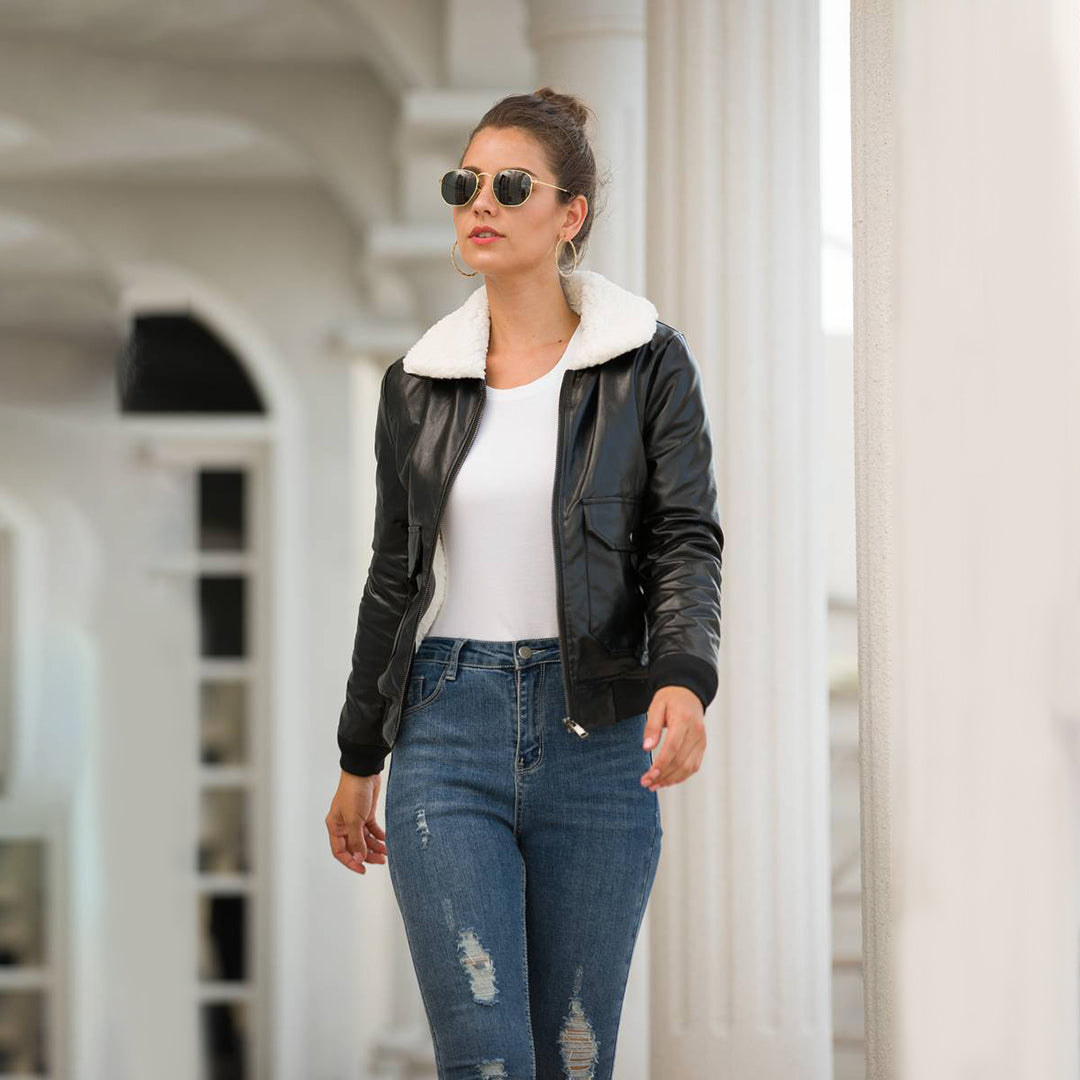 Winter Leather Jacket with Faux Fur Collar
