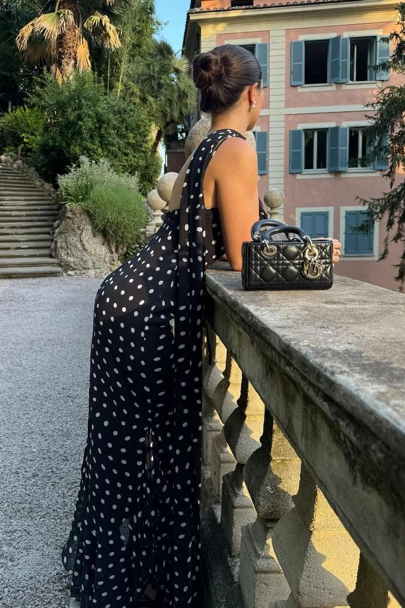 Black And Cream Polka Dot Ruffled Maxi-Length Dress