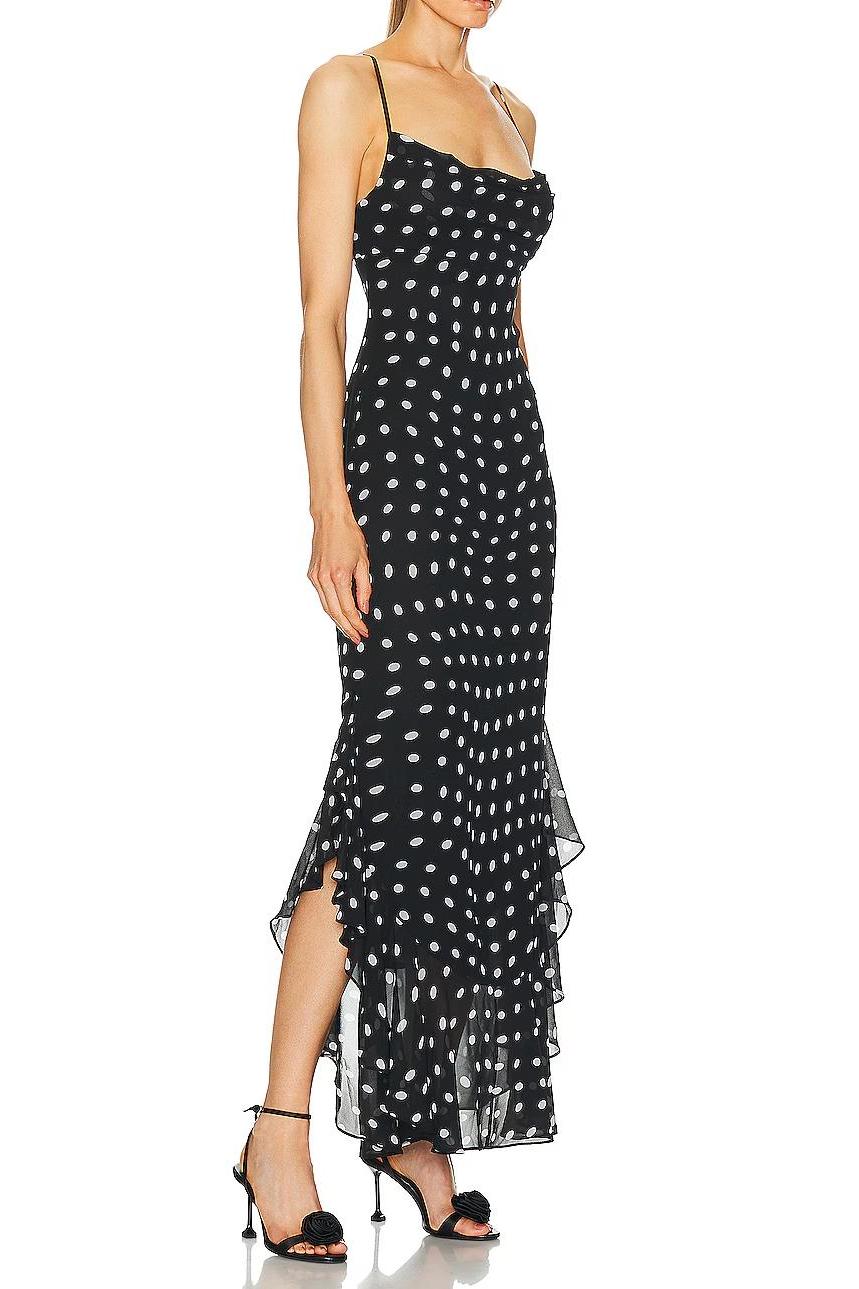 Black And Cream Polka Dot Ruffled Maxi-Length Dress