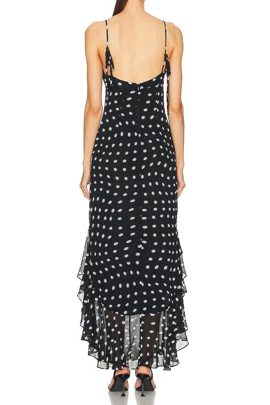 Black And Cream Polka Dot Ruffled Maxi-Length Dress