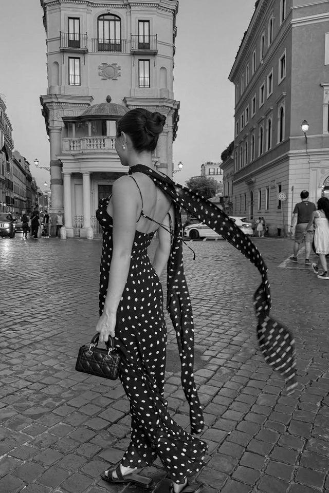Black And Cream Polka Dot Ruffled Maxi-Length Dress