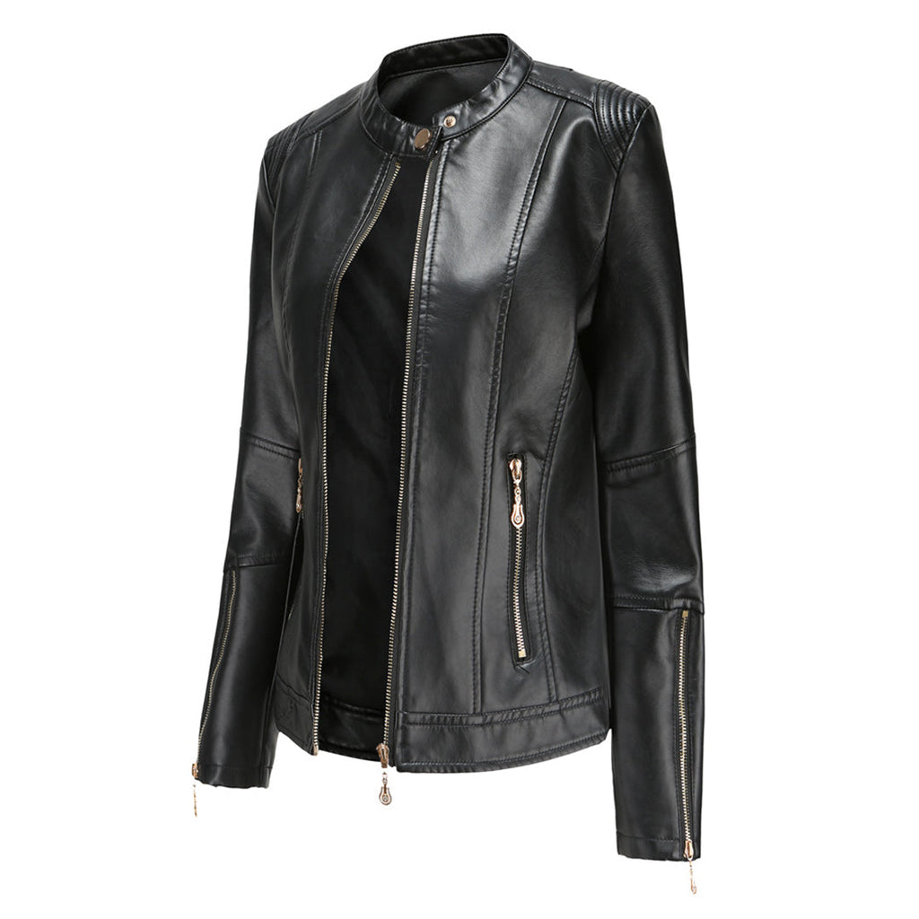 Elegant Leather Jacket with Crew Neck and Button Closure