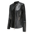 Elegant Leather Jacket with Crew Neck and Button Closure