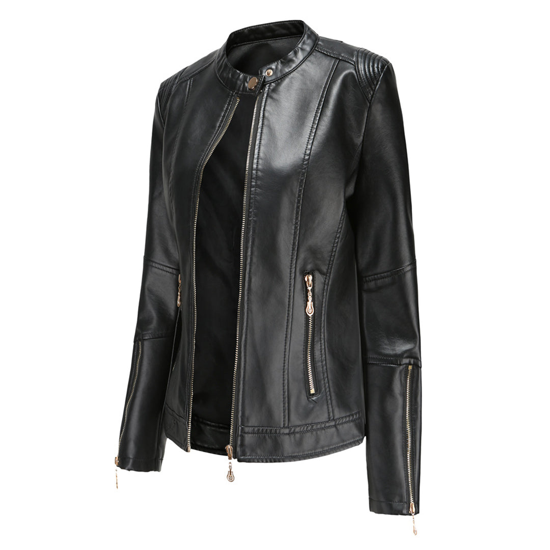 Elegant Leather Jacket with Crew Neck and Button Closure