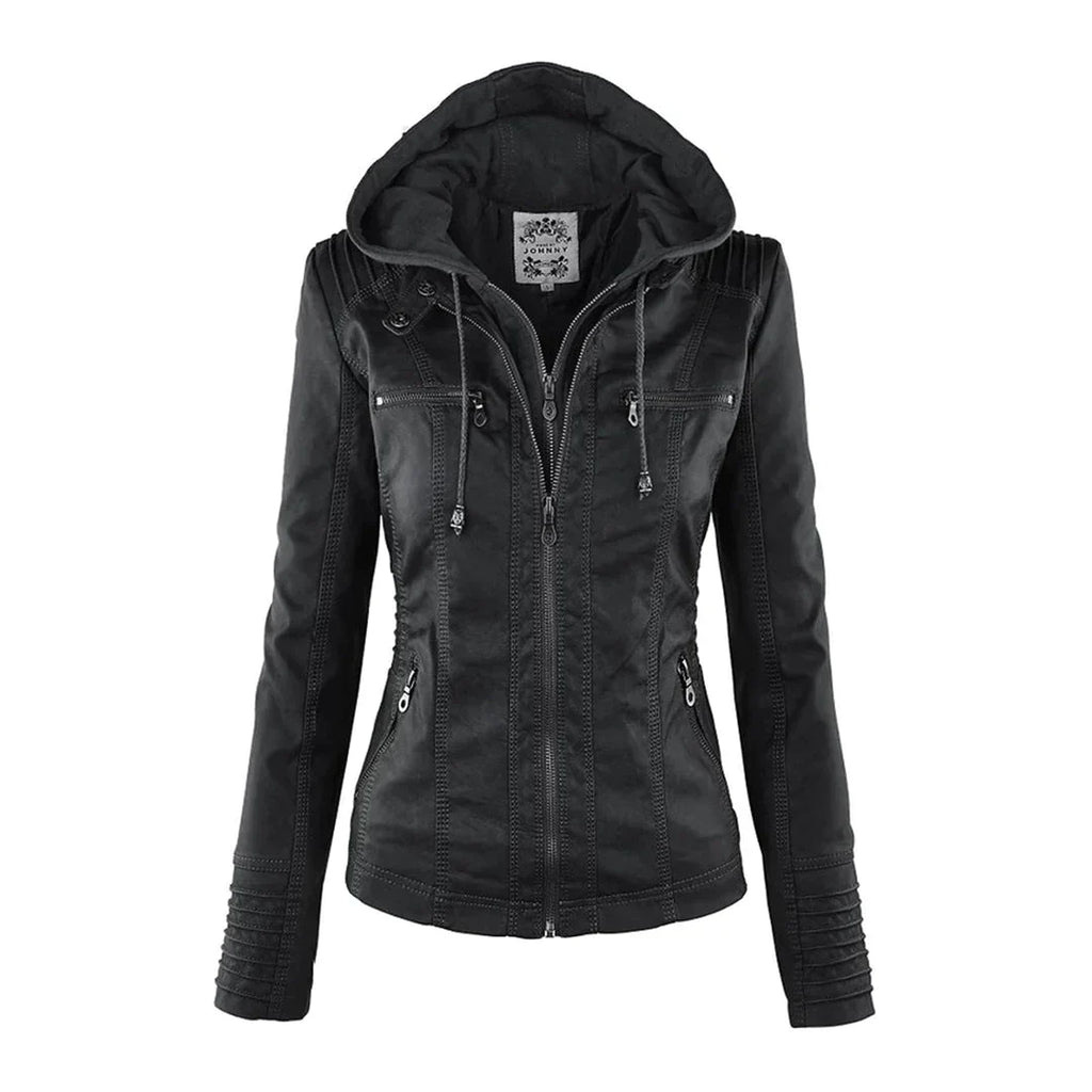 Elegant Leather Biker Jacket with Hood