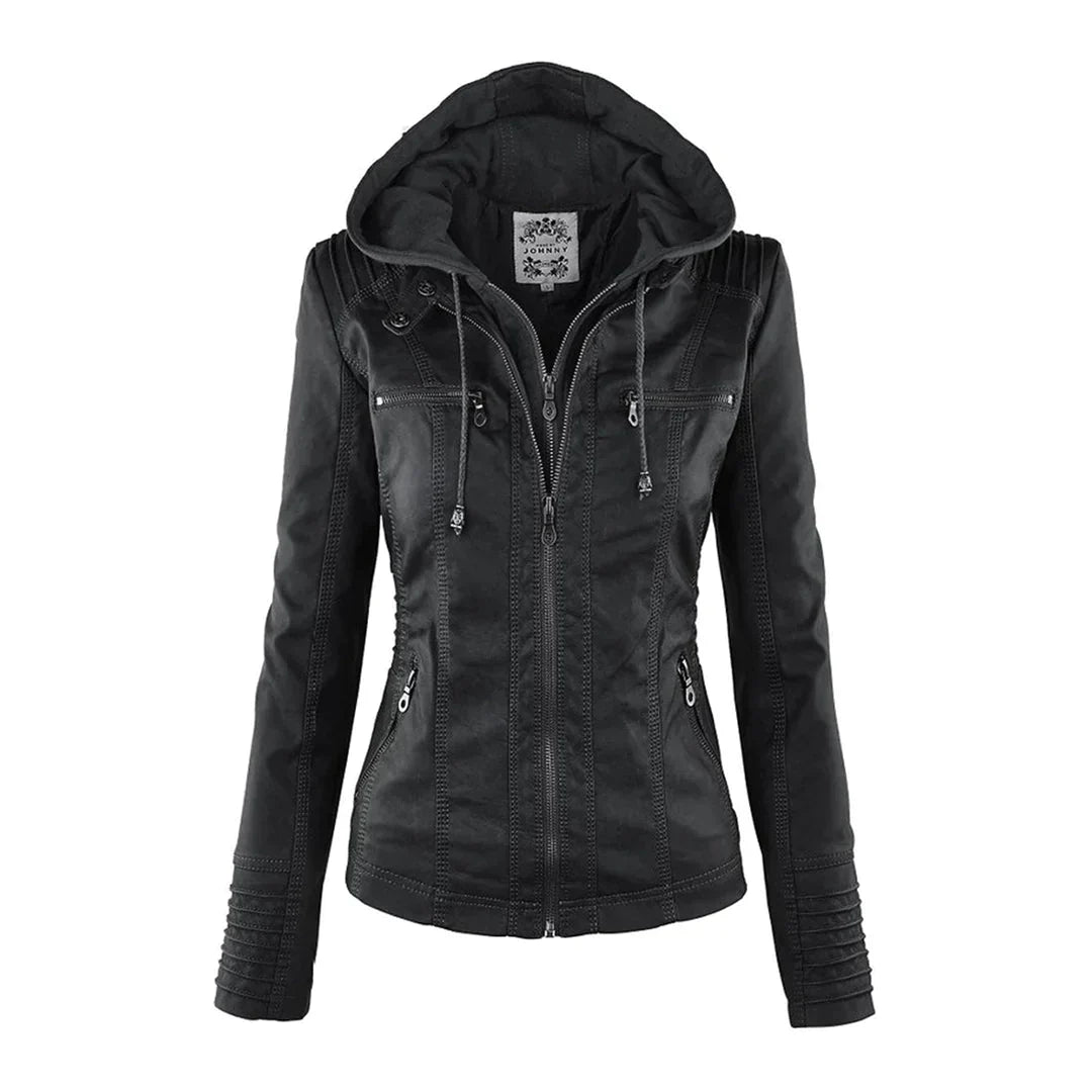 Elegant Leather Biker Jacket with Hood