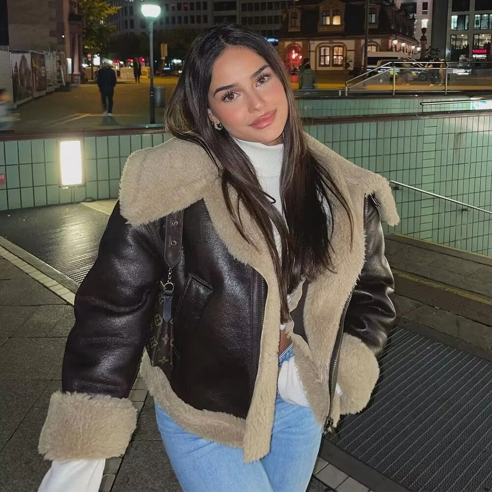 Cropped Leather Jacket with Faux Fur Trim