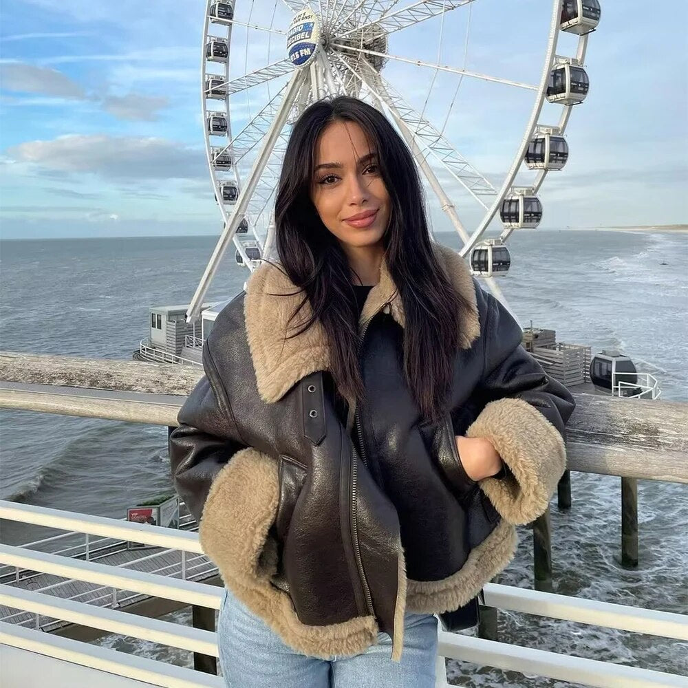 Cropped Leather Jacket with Faux Fur Trim