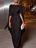 Refined Draped Cape Sleeves Maxi-Length Dress