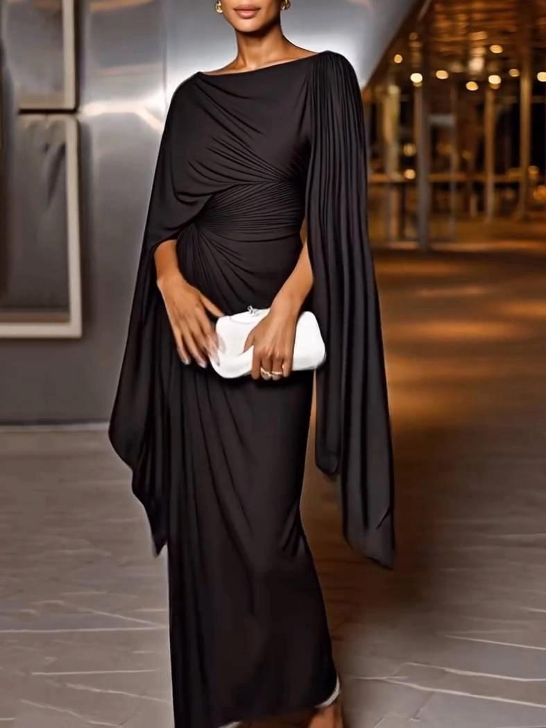 Refined Draped Cape Sleeves Maxi-Length Dress