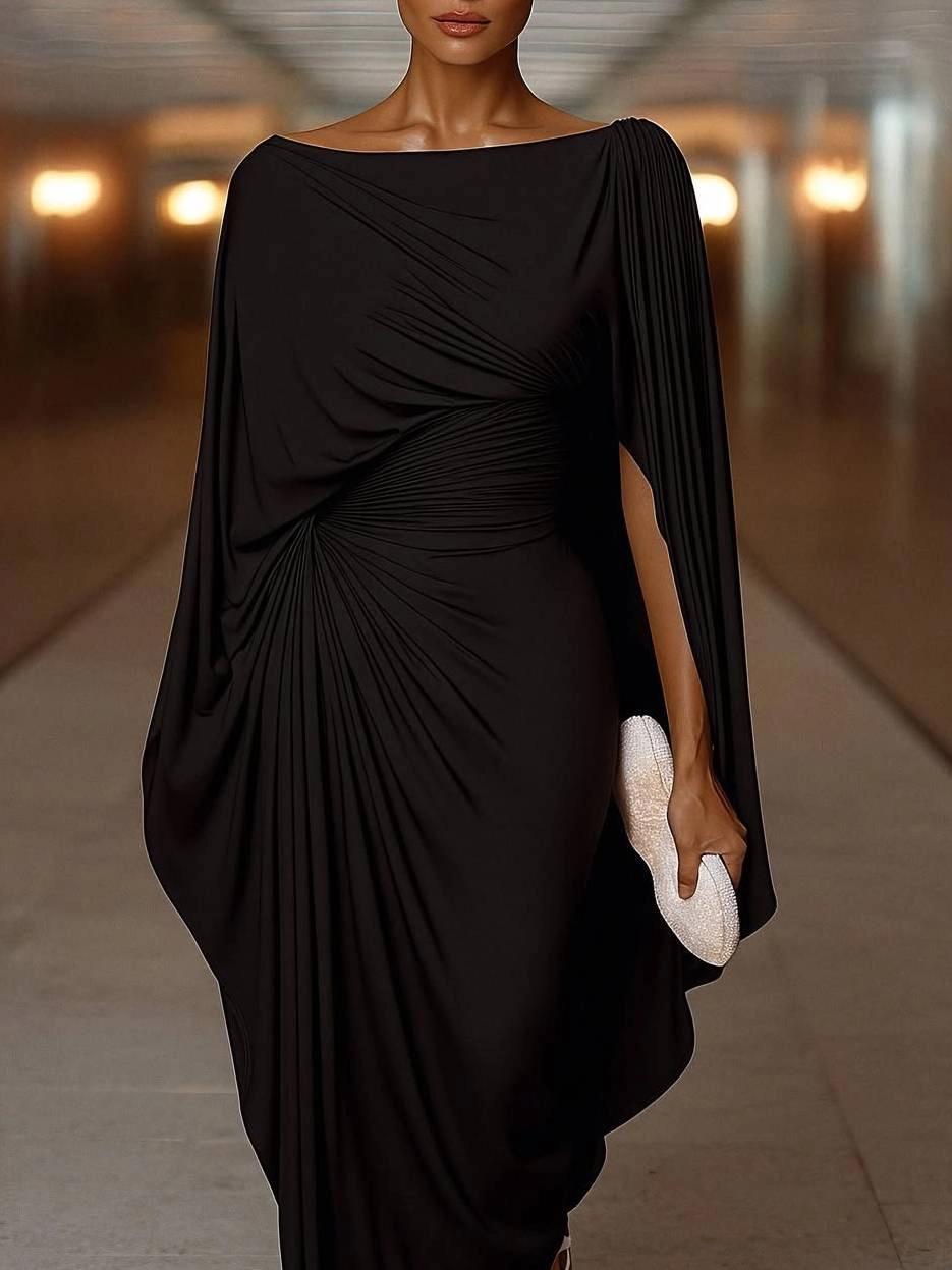 Refined Draped Cape Sleeves Maxi-Length Dress